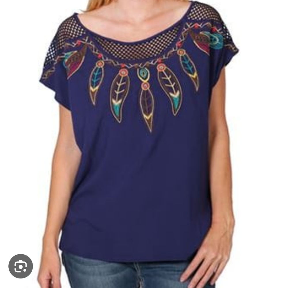 Swell Embroidered Paisley Top Womens L Blue Boho Retro 90s Coastal Peasant